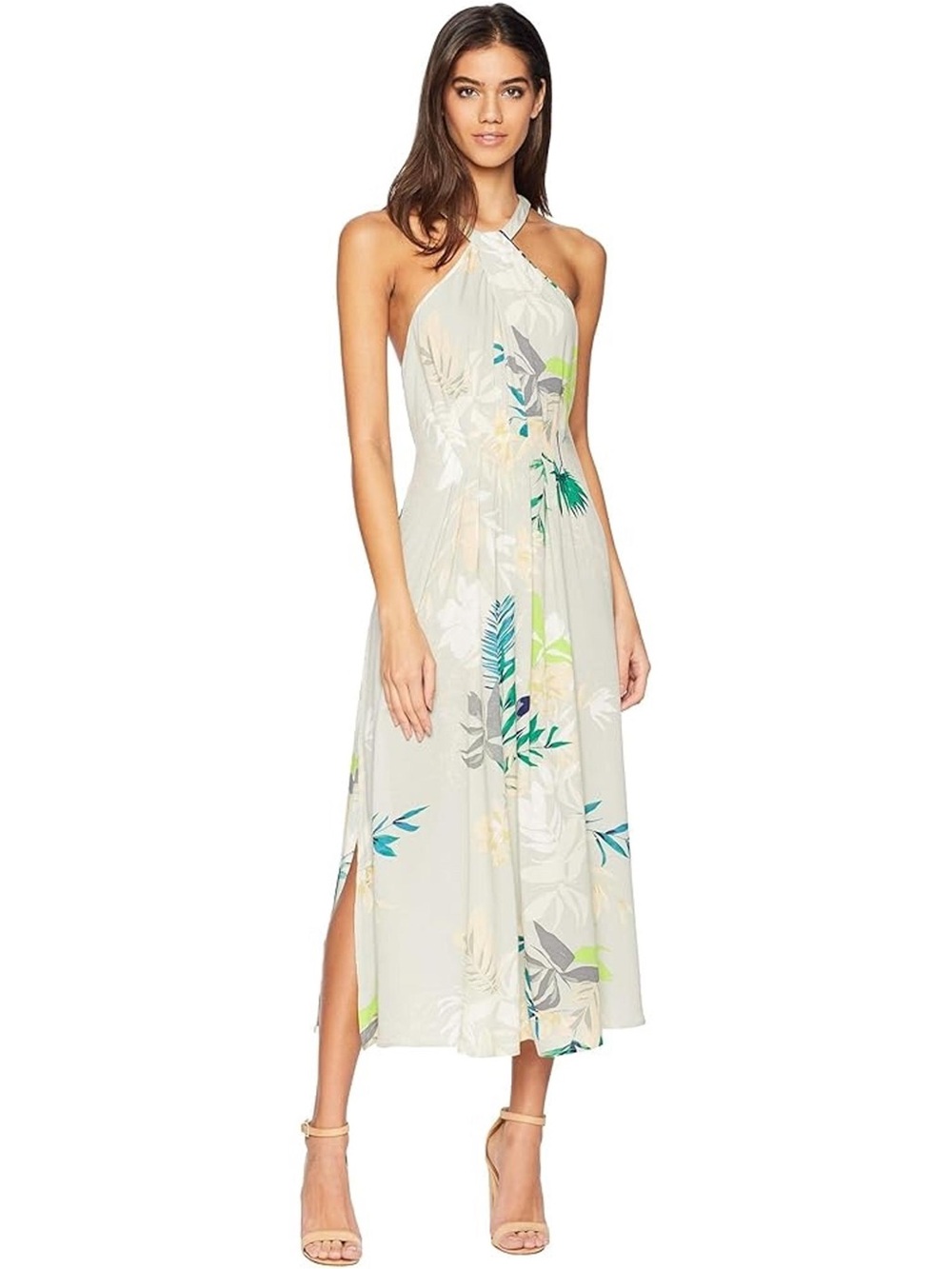 O'Neill Light Gray Halter Midi Dress with Tropical Print